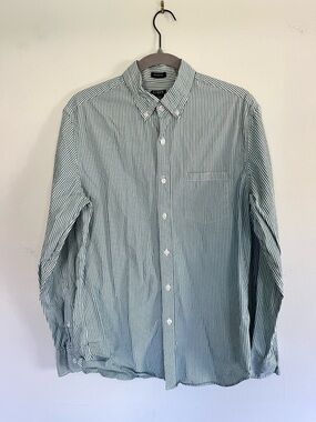 J. Crew Men's Green and White Narrow-Stripe Button-Down Shirt